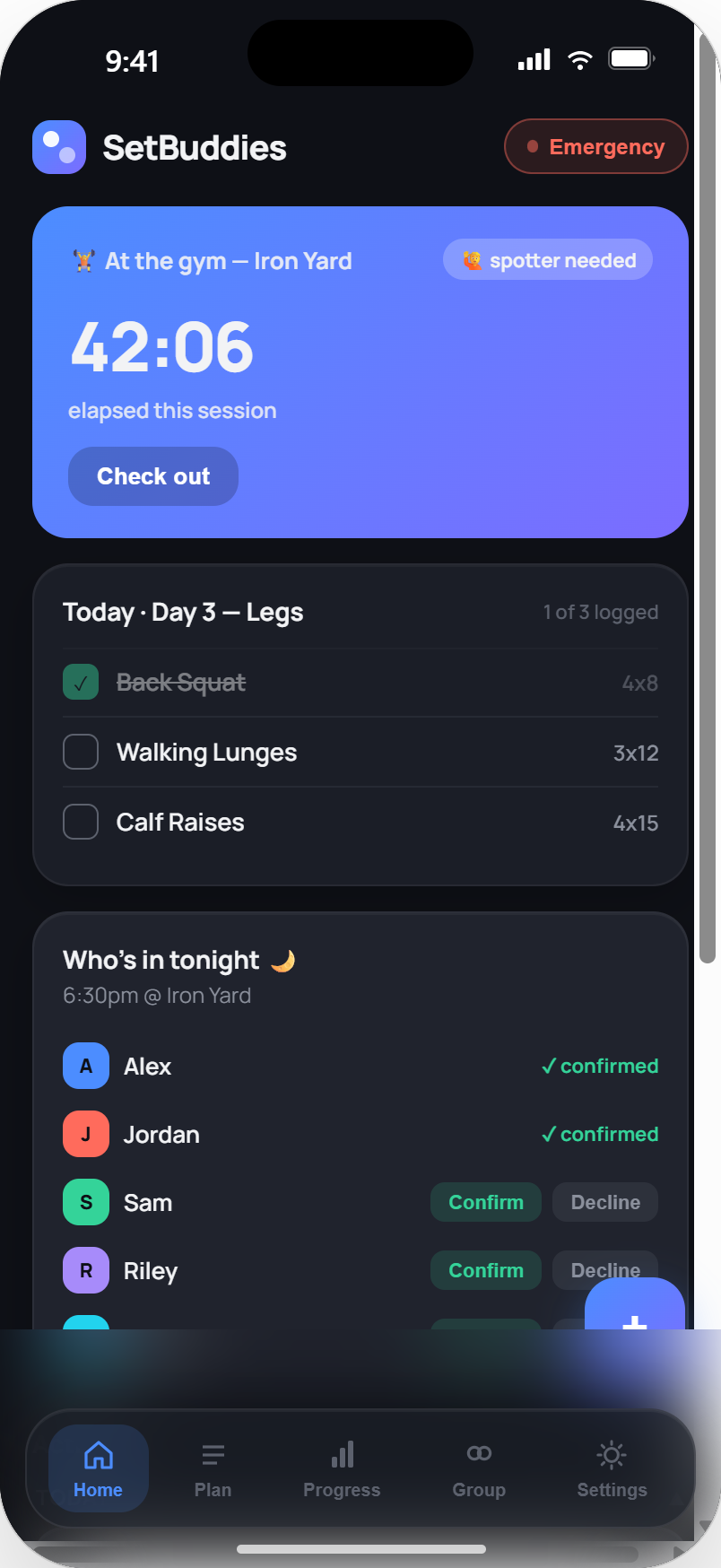 SetBuddies home screen showing an active check-in and live activity feed