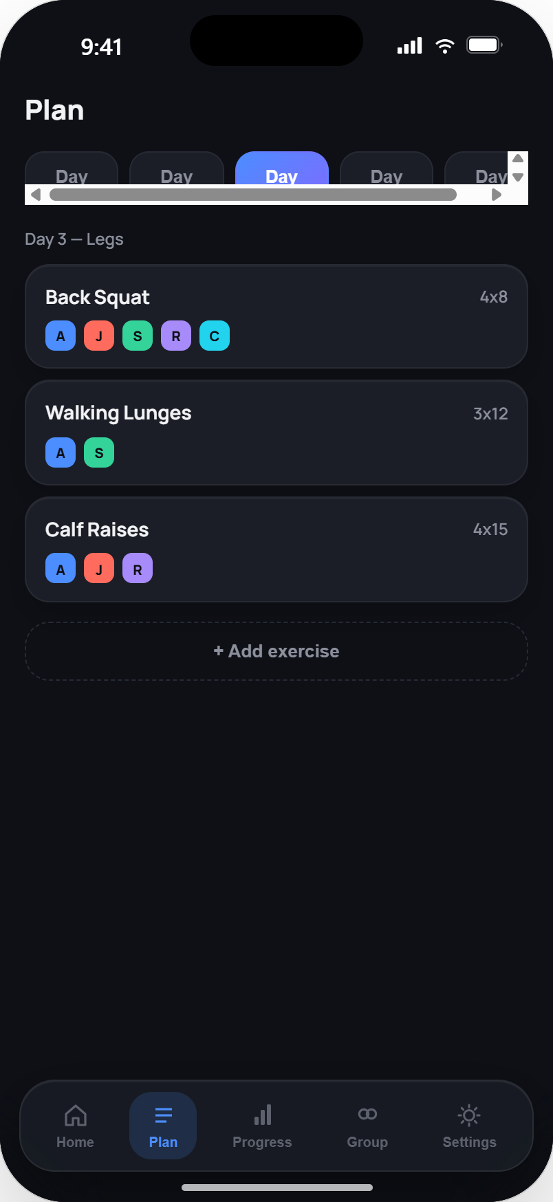 Shared weekly training plan with assigned members