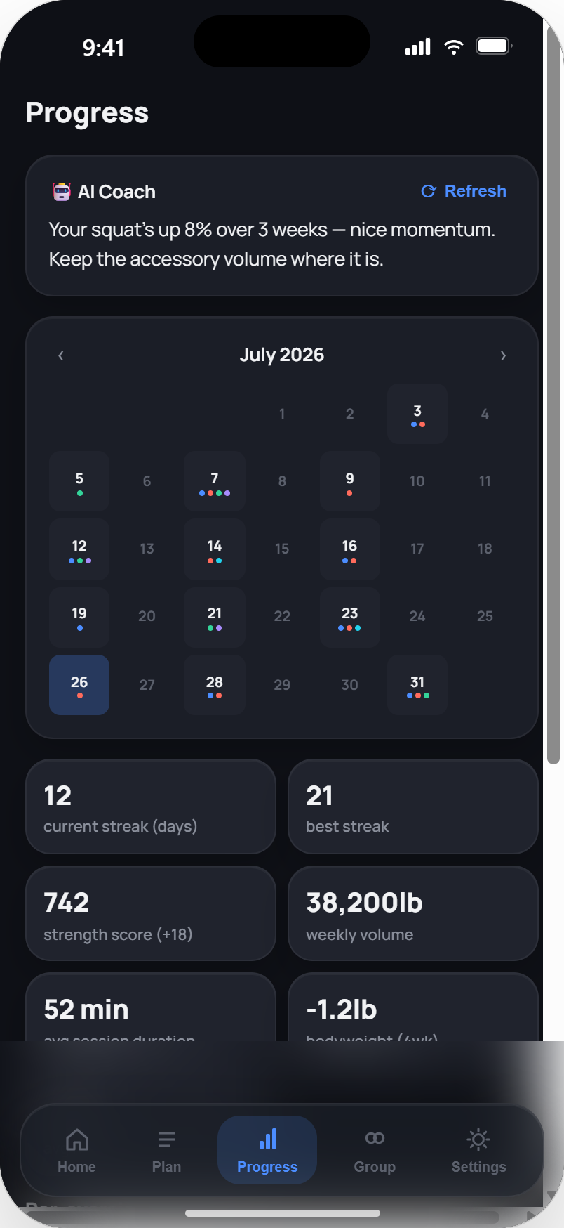 Progress screen with AI coach insight and training calendar