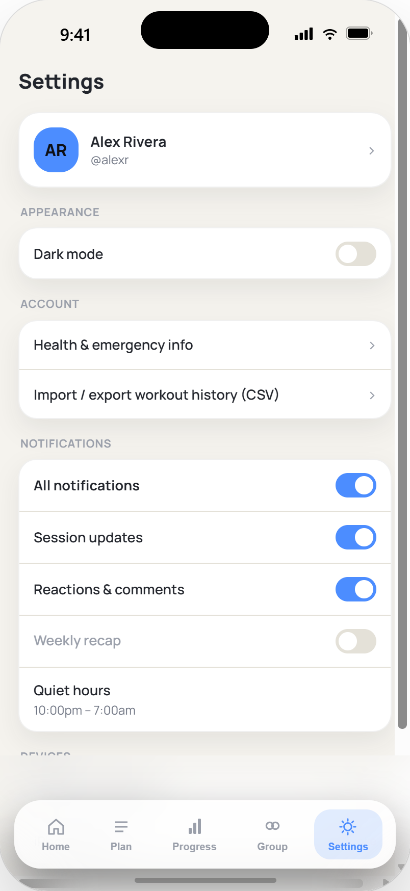 Settings screen shown in light mode